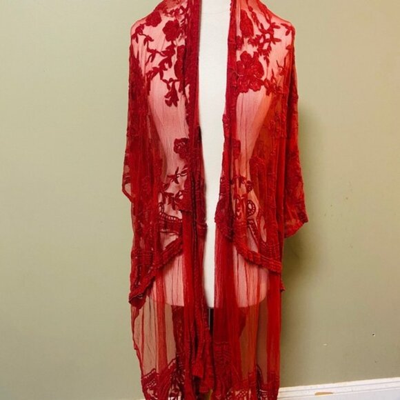 ๐RED TERRACOTTA MESH EMBROIDERED RUANA - Picture 4 of 4